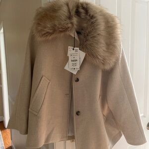 New Zara M-L Manteco Wool Blend Coat Woman Beige Detachable Faux Fur Collar